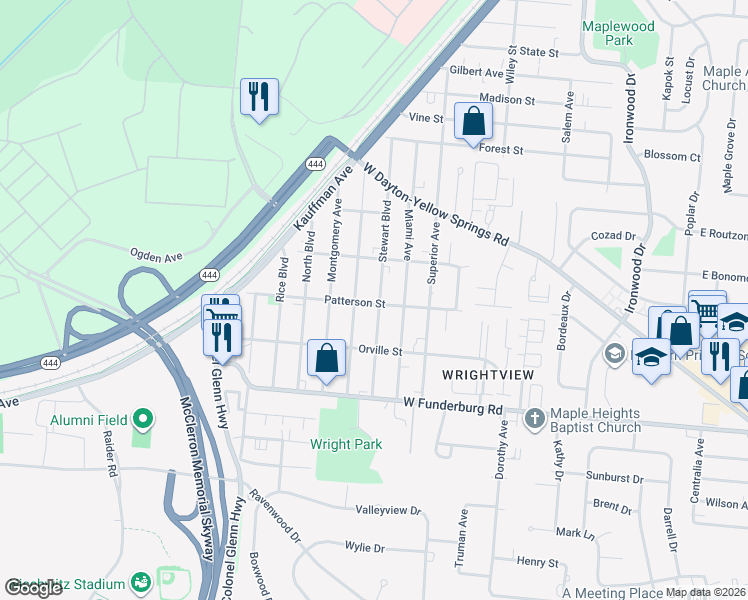 map of restaurants, bars, coffee shops, grocery stores, and more near 1808 Stewart Boulevard in Fairborn