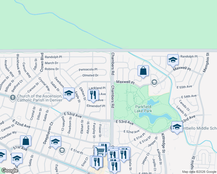 map of restaurants, bars, coffee shops, grocery stores, and more near 5202-5372 Chambers Road in Denver