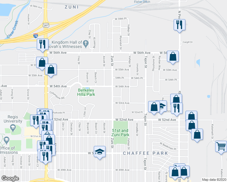 map of restaurants, bars, coffee shops, grocery stores, and more near 5321 Wyandot Street in Denver