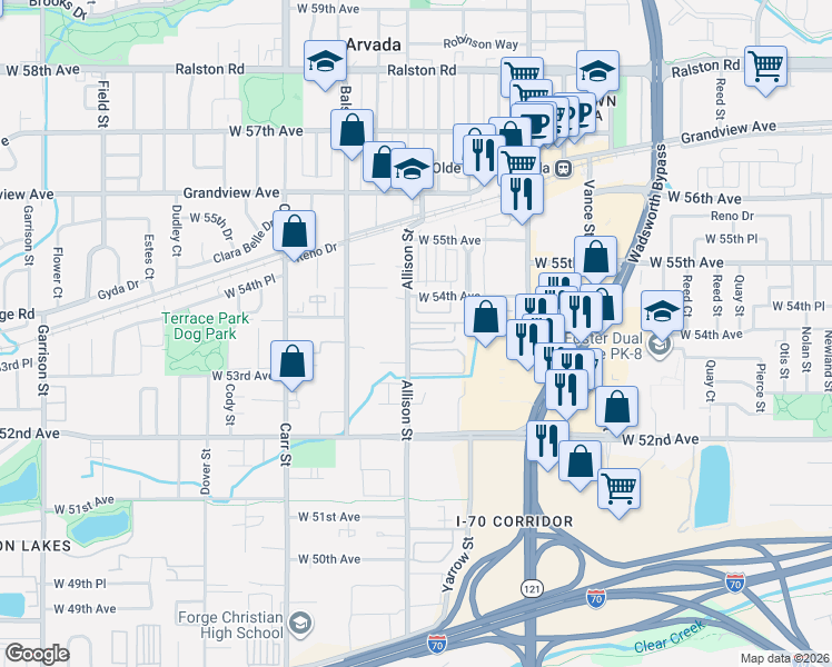 map of restaurants, bars, coffee shops, grocery stores, and more near 5310 Allison Street in Arvada
