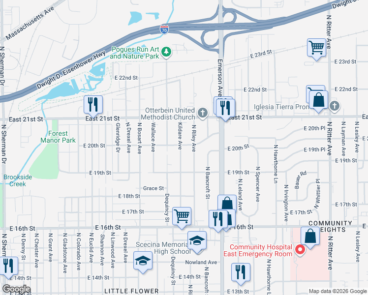 map of restaurants, bars, coffee shops, grocery stores, and more near 1931 Kildare Avenue in Indianapolis