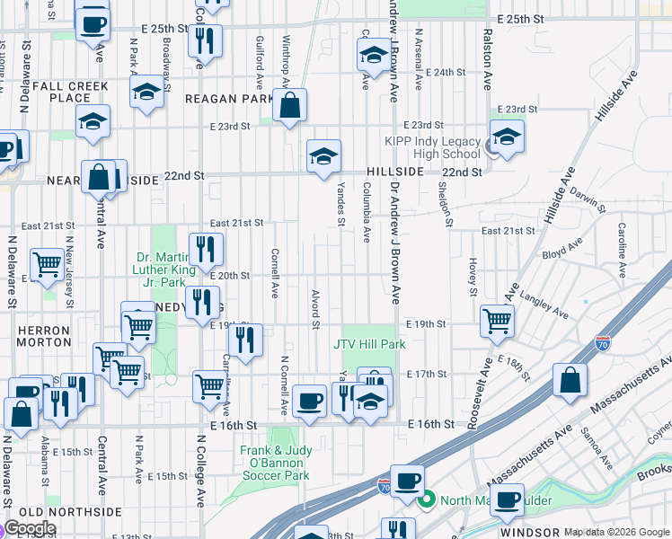 map of restaurants, bars, coffee shops, grocery stores, and more near 1947 Alvord Street in Indianapolis