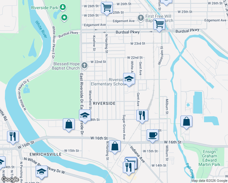 map of restaurants, bars, coffee shops, grocery stores, and more near 1915 North Harding Street in Indianapolis