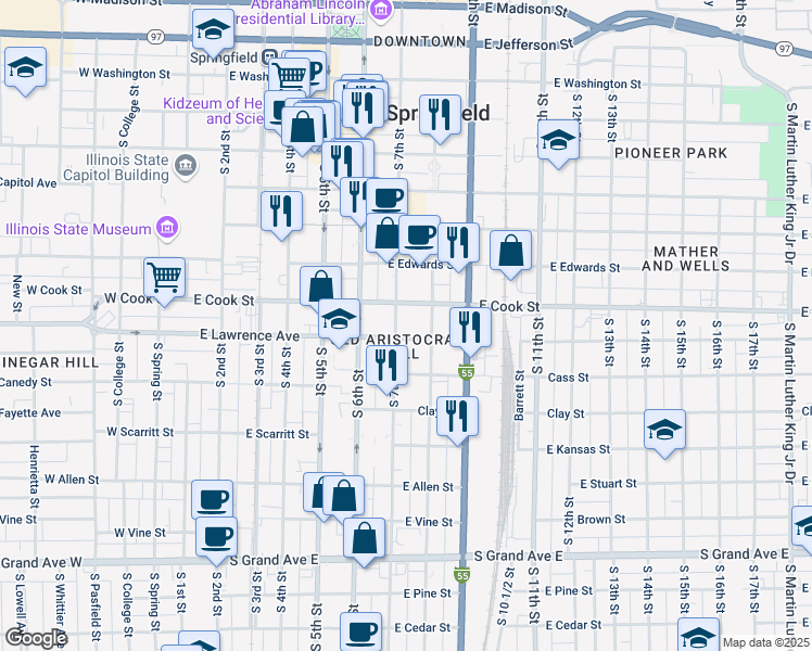 map of restaurants, bars, coffee shops, grocery stores, and more near 700-758 East Lawrence Avenue in Springfield