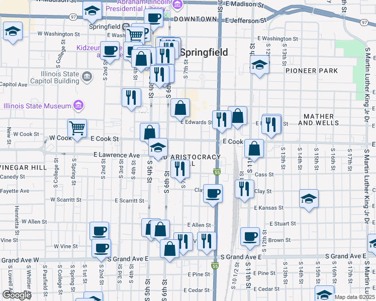 map of restaurants, bars, coffee shops, grocery stores, and more near 700-758 East Lawrence Avenue in Springfield