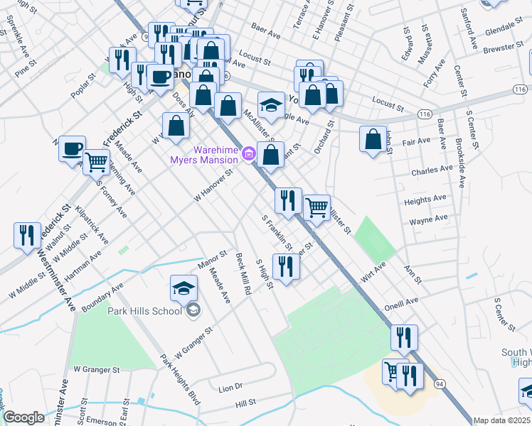 map of restaurants, bars, coffee shops, grocery stores, and more near 432 South Franklin Street in Hanover