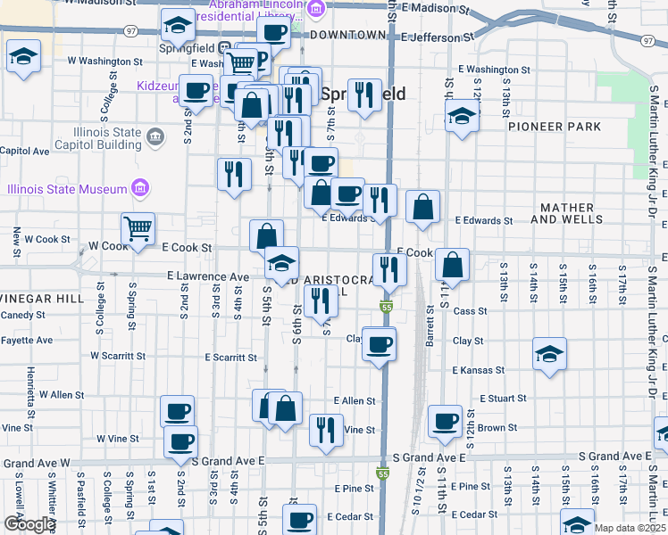 map of restaurants, bars, coffee shops, grocery stores, and more near 718 South 7th Street in Springfield