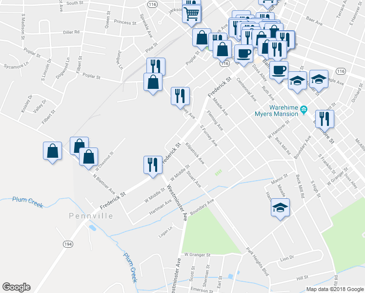 map of restaurants, bars, coffee shops, grocery stores, and more near 402 Frederick Street in Hanover