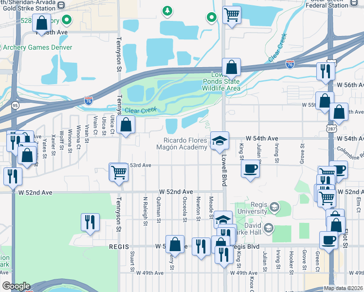 map of restaurants, bars, coffee shops, grocery stores, and more near 5340 Perry Street in Denver