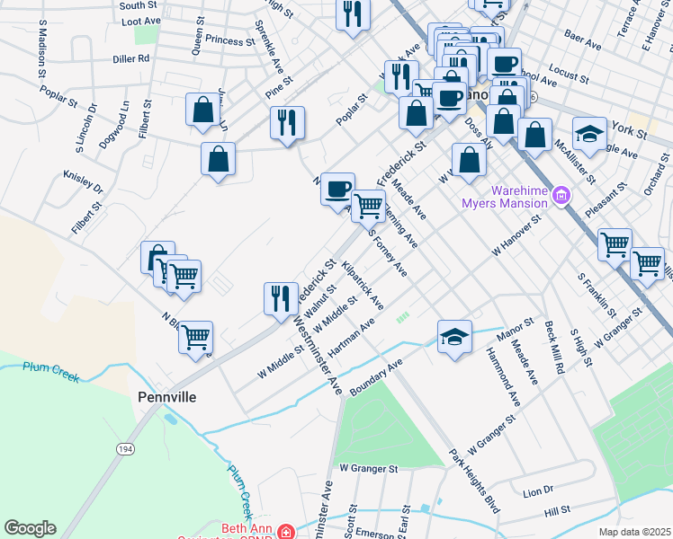 map of restaurants, bars, coffee shops, grocery stores, and more near 402 Frederick Street in Hanover