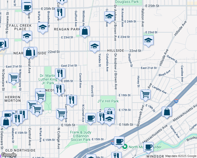 map of restaurants, bars, coffee shops, grocery stores, and more near 1947 Alvord Street in Indianapolis