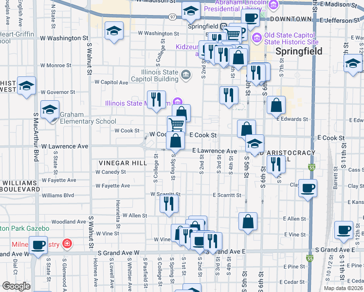 map of restaurants, bars, coffee shops, grocery stores, and more near 107 West Lawrence Avenue in Springfield