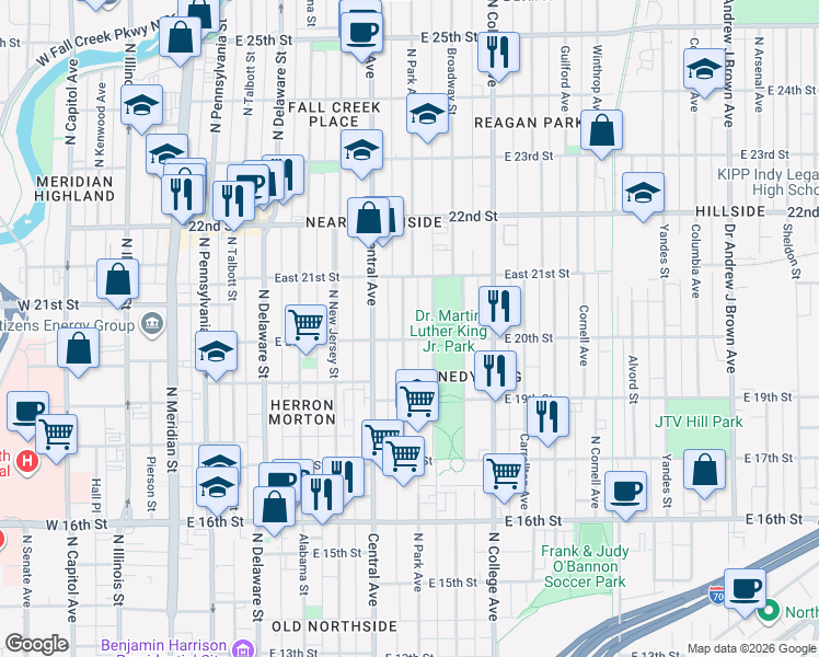 map of restaurants, bars, coffee shops, grocery stores, and more near 2037 Ruckle Street in Indianapolis