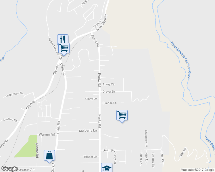 map of restaurants, bars, coffee shops, grocery stores, and more near 1726 Arany Court in Paradise