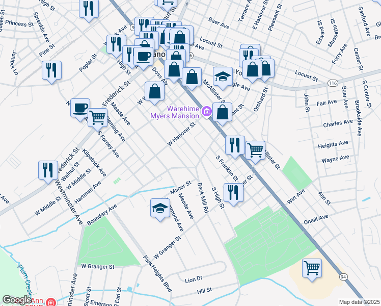 map of restaurants, bars, coffee shops, grocery stores, and more near 341 Centennial Avenue in Hanover