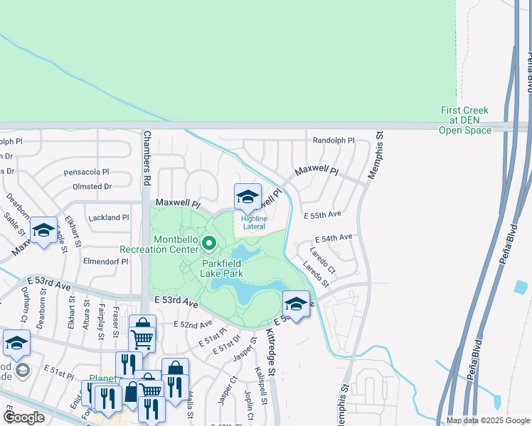 map of restaurants, bars, coffee shops, grocery stores, and more near North Kittredge Street in Denver