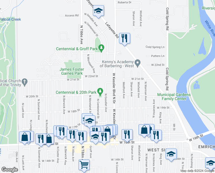 map of restaurants, bars, coffee shops, grocery stores, and more near 2029 North Goodlet Avenue in Indianapolis