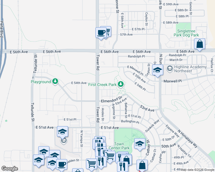 map of restaurants, bars, coffee shops, grocery stores, and more near 18641 East 54th Place in Denver