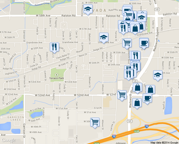 map of restaurants, bars, coffee shops, grocery stores, and more near 7307 Grandview Avenue in Arvada