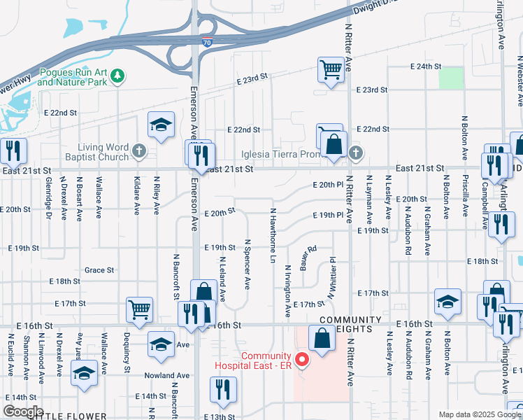 map of restaurants, bars, coffee shops, grocery stores, and more near 5242 North Hawthorne Lane in Indianapolis