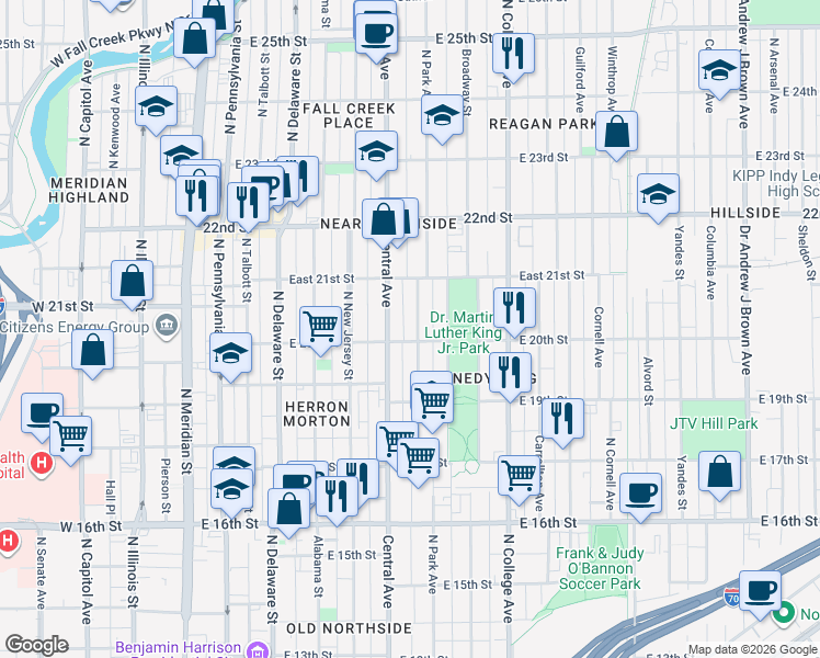 map of restaurants, bars, coffee shops, grocery stores, and more near 2037 Ruckle Street in Indianapolis