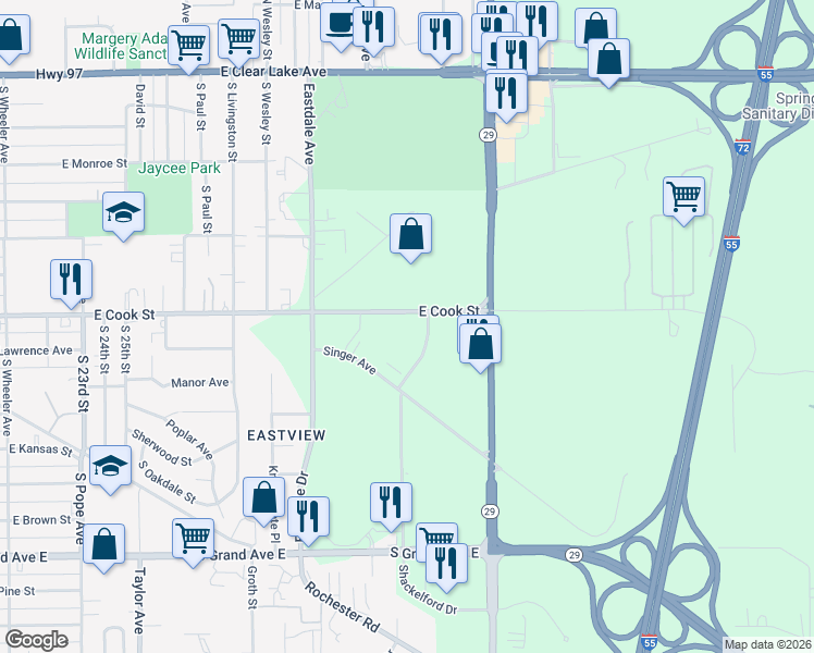 map of restaurants, bars, coffee shops, grocery stores, and more near 2907-2909 East Cook Street in Springfield