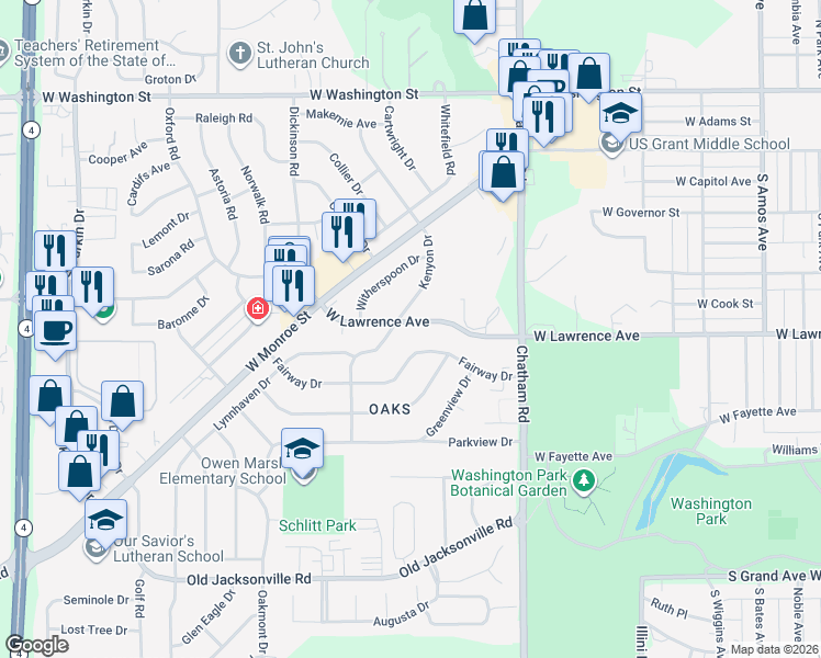 map of restaurants, bars, coffee shops, grocery stores, and more near 618 Kenyon Drive in Springfield
