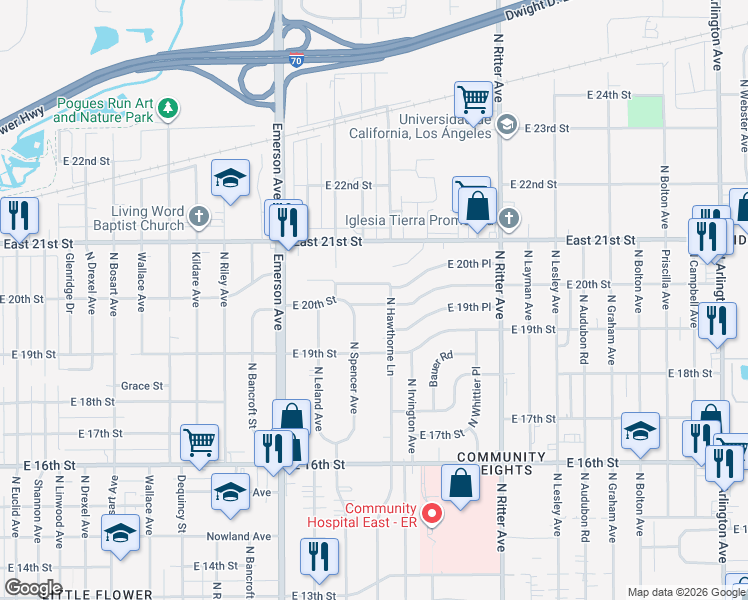 map of restaurants, bars, coffee shops, grocery stores, and more near 5242 North Hawthorne Lane in Indianapolis