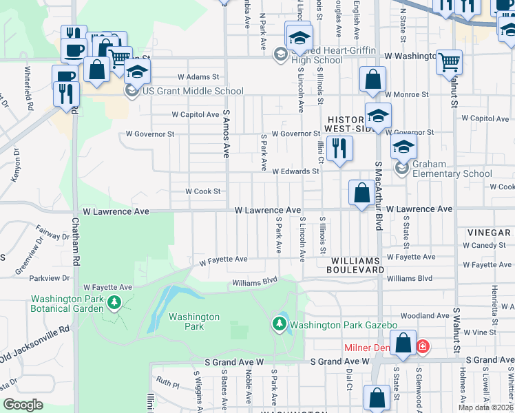 map of restaurants, bars, coffee shops, grocery stores, and more near 1321 West Lawrence Avenue in Springfield