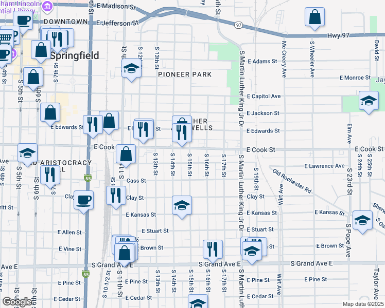 map of restaurants, bars, coffee shops, grocery stores, and more near 708 South 15th Street in Springfield