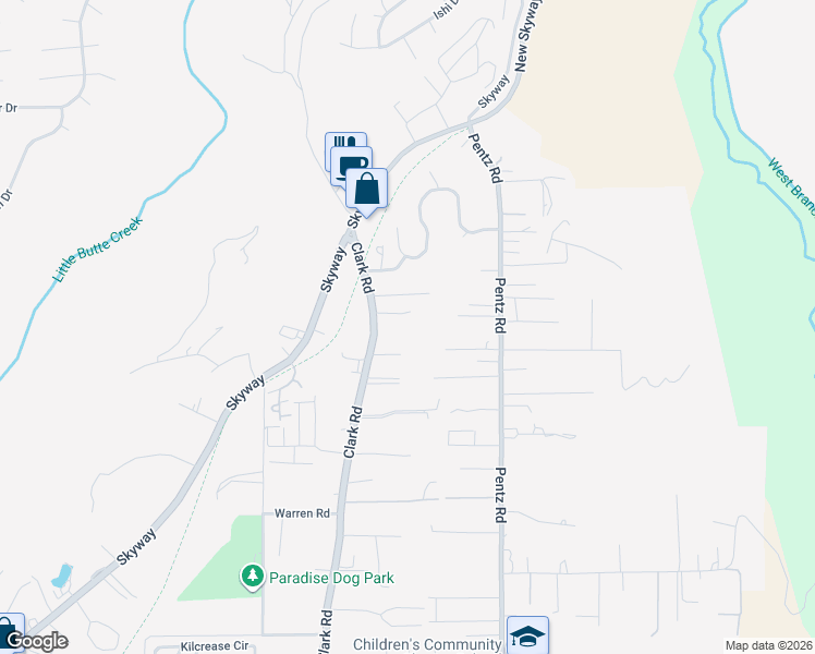 map of restaurants, bars, coffee shops, grocery stores, and more near 7196 Clark Road in Paradise