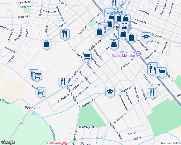 map of restaurants, bars, coffee shops, grocery stores, and more near 519 West Middle Street in Hanover