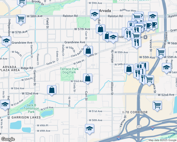 map of restaurants, bars, coffee shops, grocery stores, and more near 5370 Carr Street in Arvada