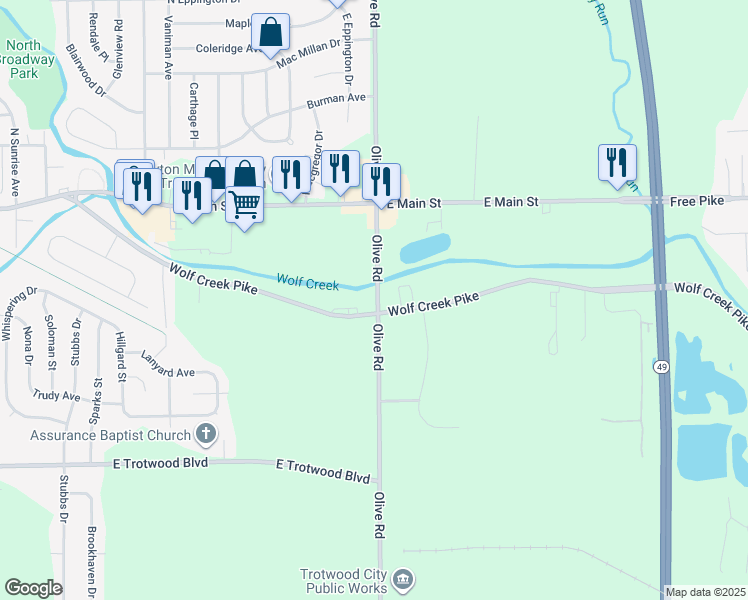 map of restaurants, bars, coffee shops, grocery stores, and more near 2915 Olive Road in Trotwood