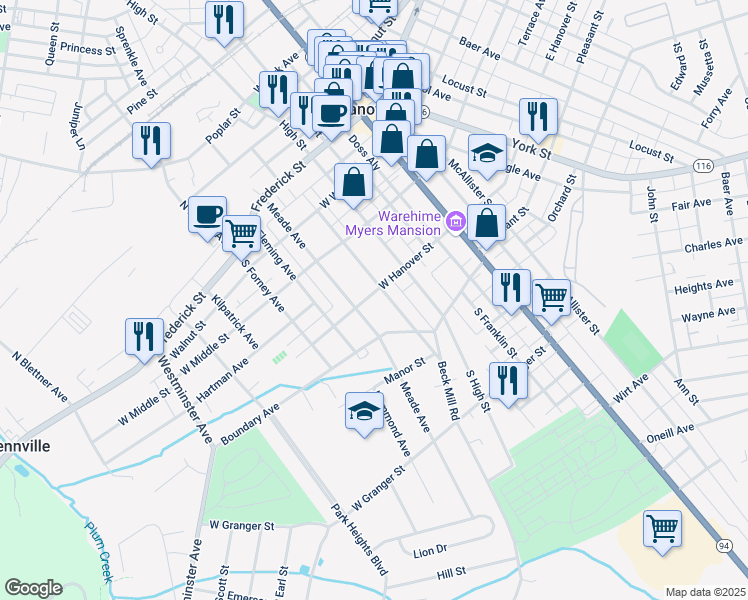 map of restaurants, bars, coffee shops, grocery stores, and more near 308 West Hanover Street in Hanover