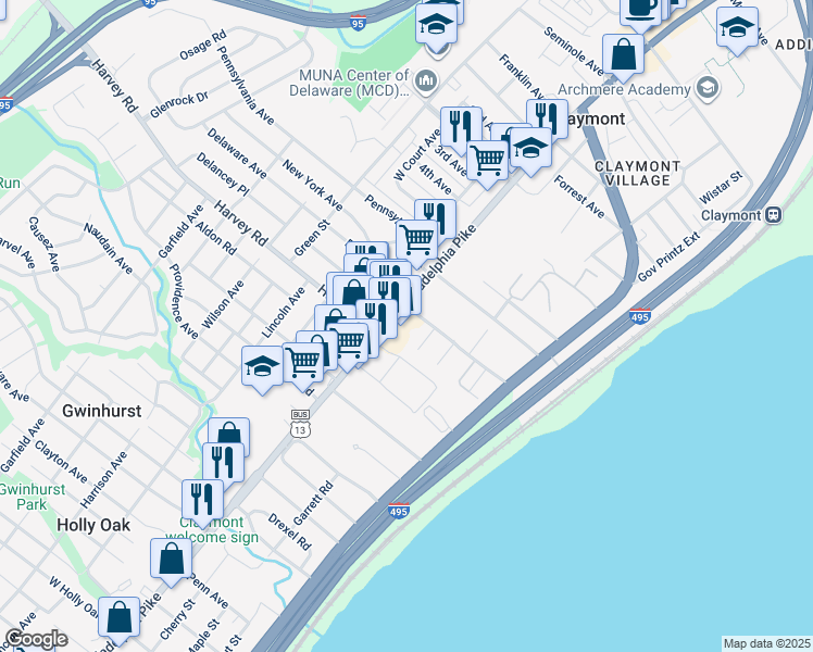 map of restaurants, bars, coffee shops, grocery stores, and more near 2720 Philadelphia Pike in Claymont