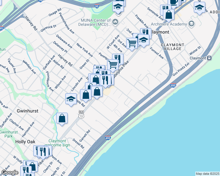 map of restaurants, bars, coffee shops, grocery stores, and more near 2720 Philadelphia Pike in Claymont