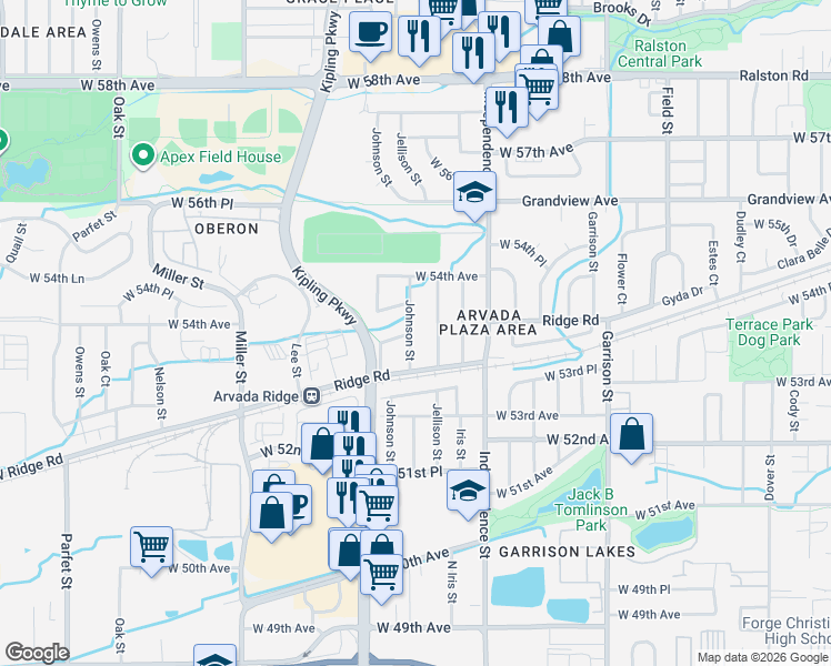 map of restaurants, bars, coffee shops, grocery stores, and more near 5336 Johnson Street in Arvada