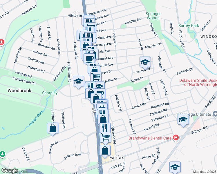 map of restaurants, bars, coffee shops, grocery stores, and more near 107 Alders Drive in Wilmington