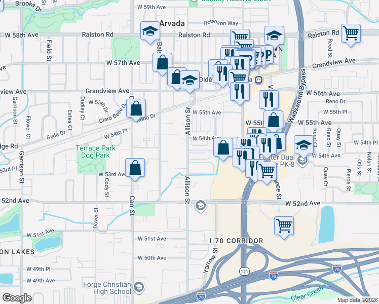 map of restaurants, bars, coffee shops, grocery stores, and more near 5376 Allison Street in Arvada