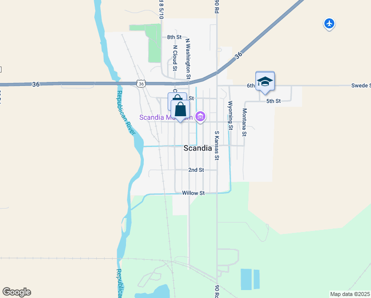 map of restaurants, bars, coffee shops, grocery stores, and more near 304 Cloud Street in Scandia