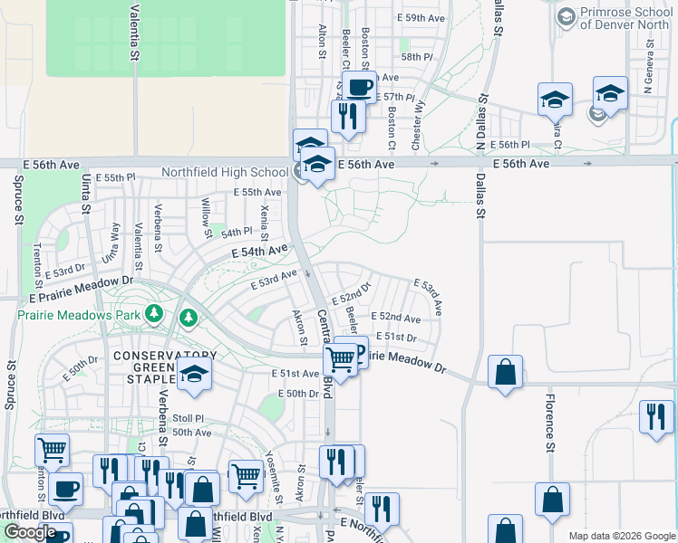 map of restaurants, bars, coffee shops, grocery stores, and more near 9230 East 53rd Avenue in Denver