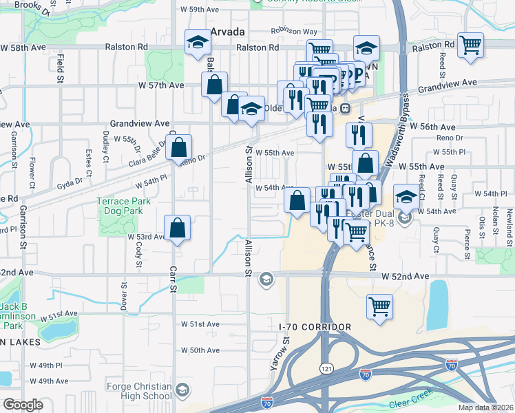 map of restaurants, bars, coffee shops, grocery stores, and more near 7956 West 54th Avenue in Arvada