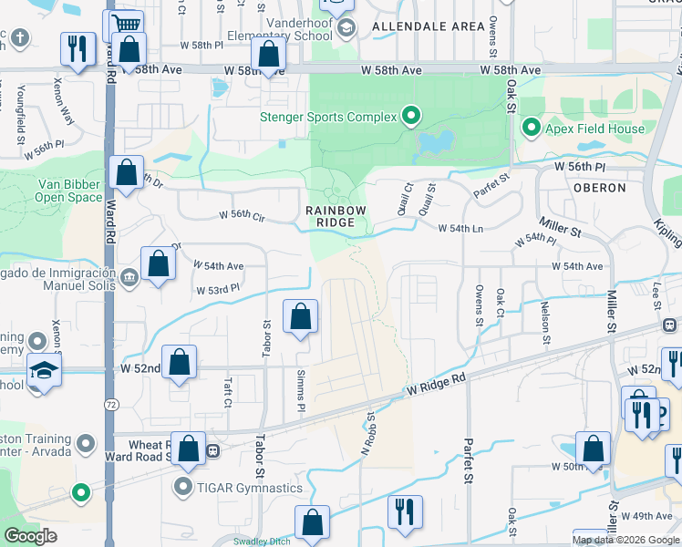 map of restaurants, bars, coffee shops, grocery stores, and more near 11747 West 54th Place in Arvada