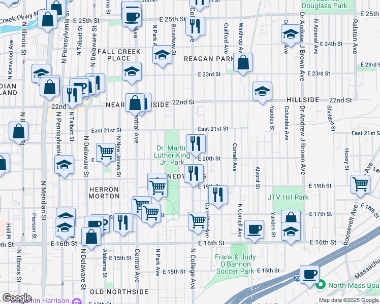 map of restaurants, bars, coffee shops, grocery stores, and more near 2038 North College Avenue in Indianapolis
