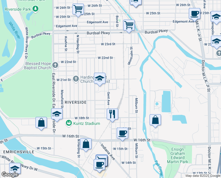 map of restaurants, bars, coffee shops, grocery stores, and more near 2030 Rembrandt Street in Indianapolis