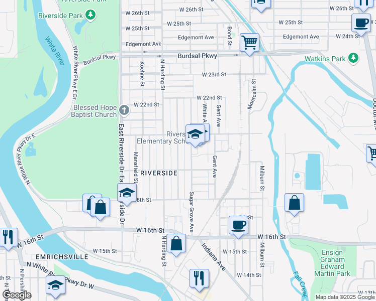 map of restaurants, bars, coffee shops, grocery stores, and more near 2032 Sugar Grove Avenue in Indianapolis