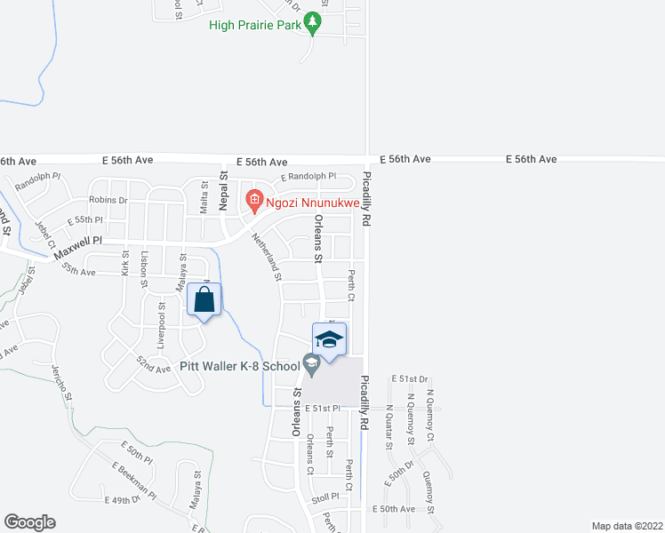 map of restaurants, bars, coffee shops, grocery stores, and more near 21608 East 54th Avenue in Denver