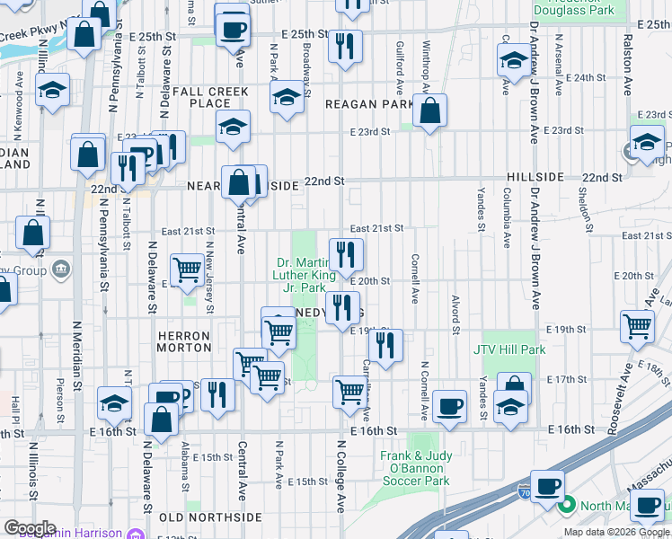map of restaurants, bars, coffee shops, grocery stores, and more near 2038 North College Avenue in Indianapolis