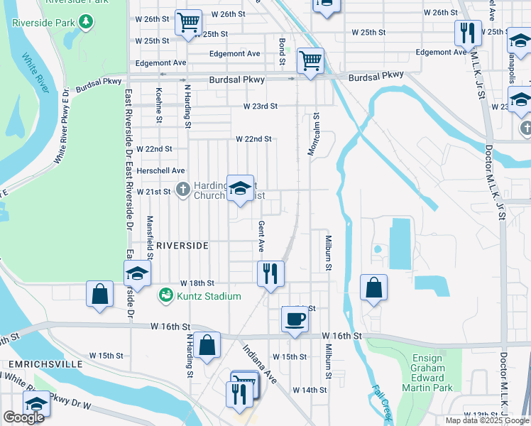 map of restaurants, bars, coffee shops, grocery stores, and more near 2030 Rembrandt Street in Indianapolis